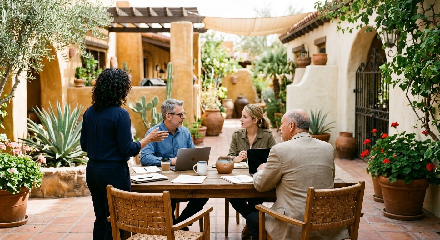 Tucson business owners of different ages talking around a table