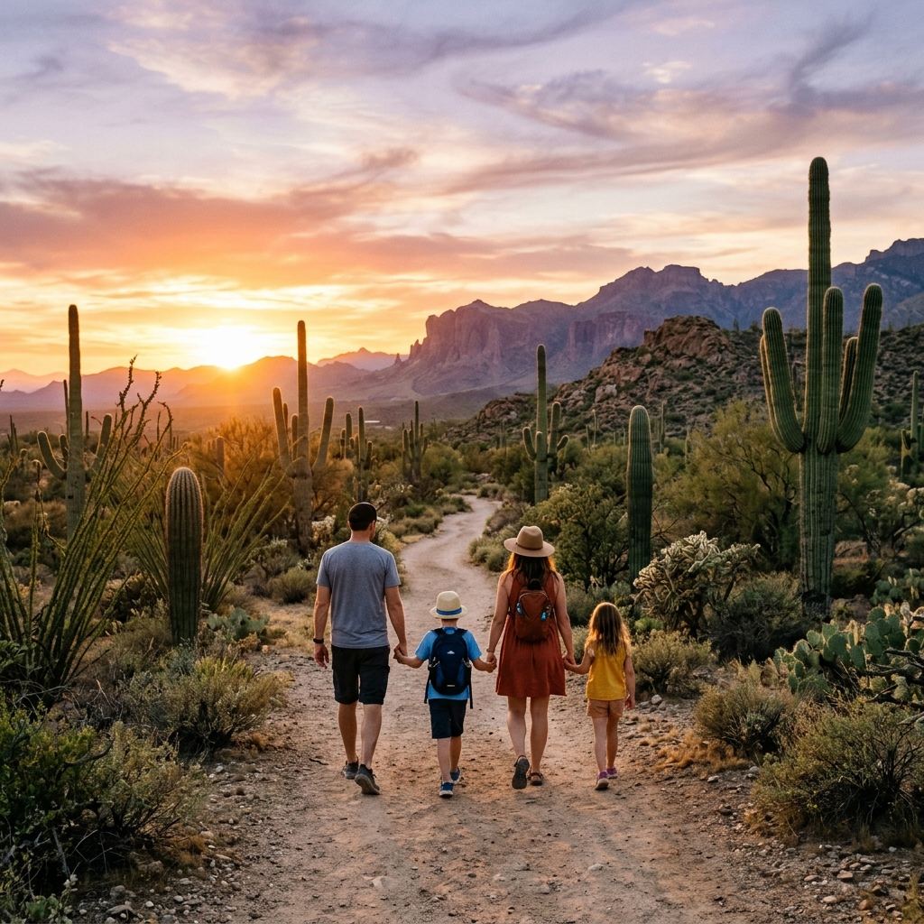 A family walking in a Tucson desert park at sunset