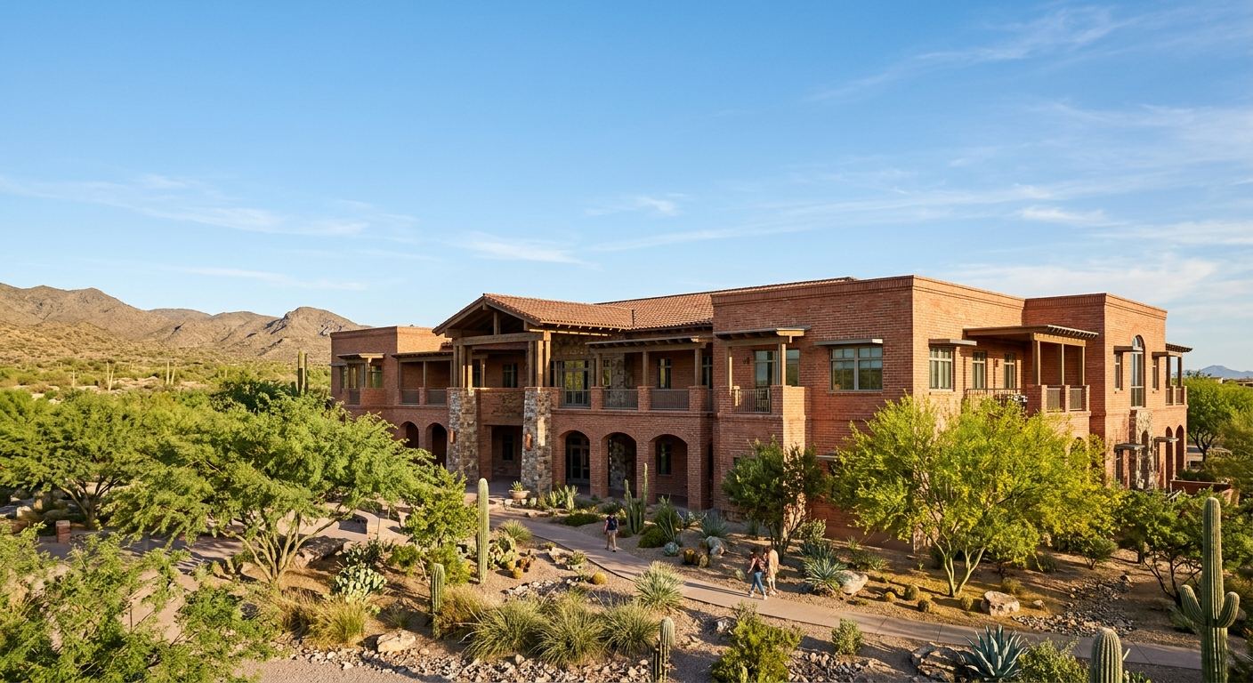 A brick university building among desert trees